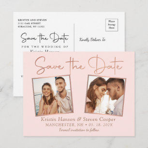 Romantic Pink Rose Gold 2 Photo Save The Date Postcard