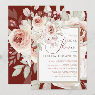 Romantic Pink Rose on Burgundy BRIDAL SHOWER  Invitation