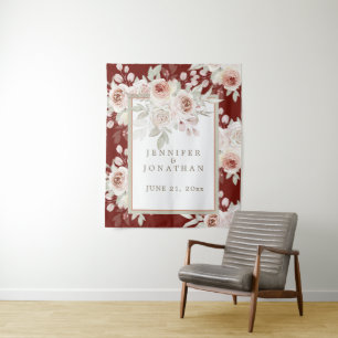 Romantic Pink Rose on Burgundy Wedding Tapestry