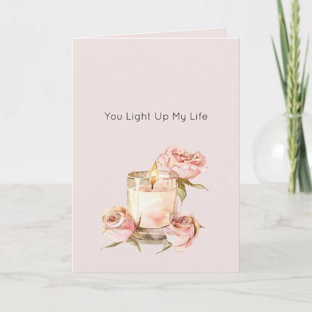 Romantic Pink Rose Petals Candle Love Card (Front)