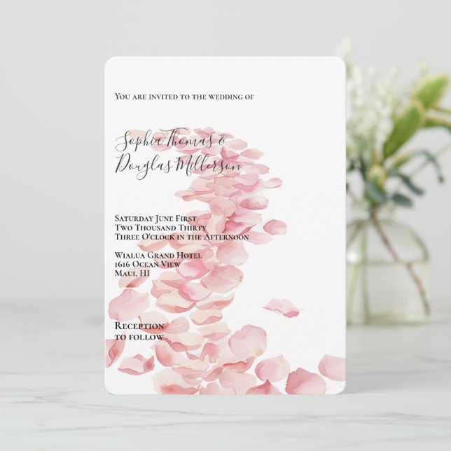 Romantic Pink Rose Petals Floral Wedding Invitation (Standing Front)