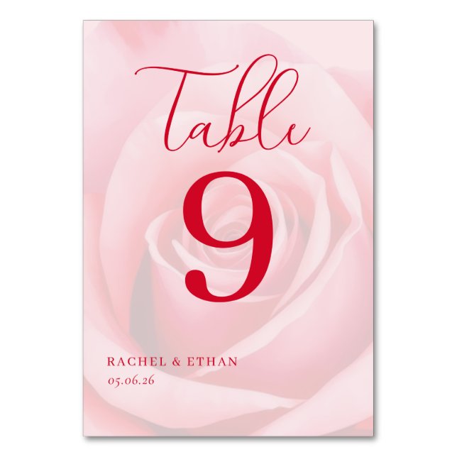 Romantic Pink Rose Table Number (Front)