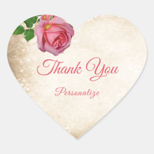 Romantic Pink Rose Thank You Personalise Heart Sticker
