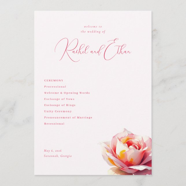 Romantic Pink Rose Wedding Programme (Front)