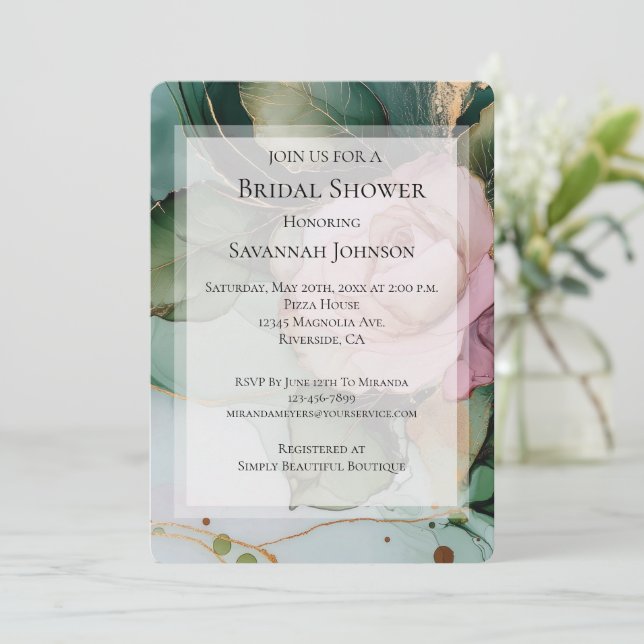 Romantic Pink Rose White Gold Floral Bridal Shower Invitation (Standing Front)