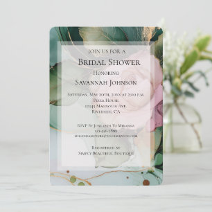 Romantic Pink Rose White Gold Floral Bridal Shower Invitation