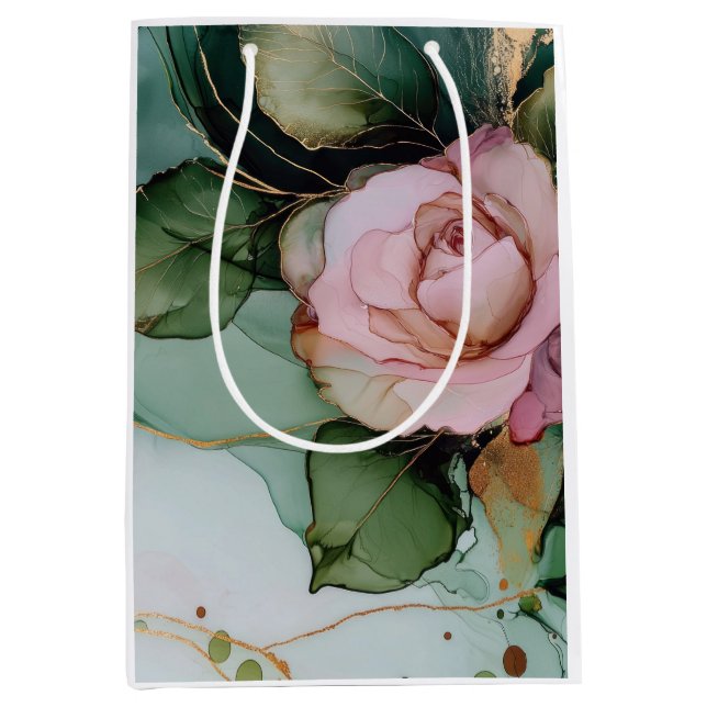 Romantic Pink Rose White Gold Floral Bridal Shower Medium Gift Bag (Front)