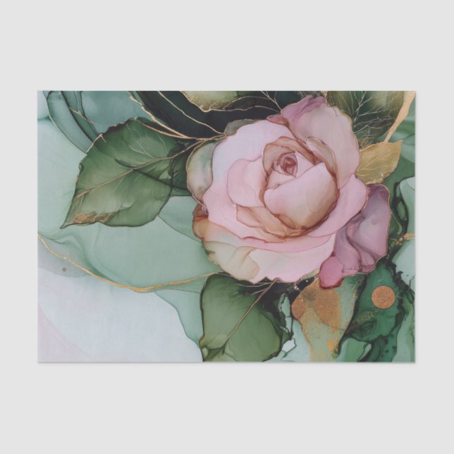 Romantic Pink Rose White Gold Floral Bridal Shower Tissue Paper (Front)