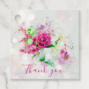 Romantic Pink Rose With Bokeh & Sparkles on White Favour Tags