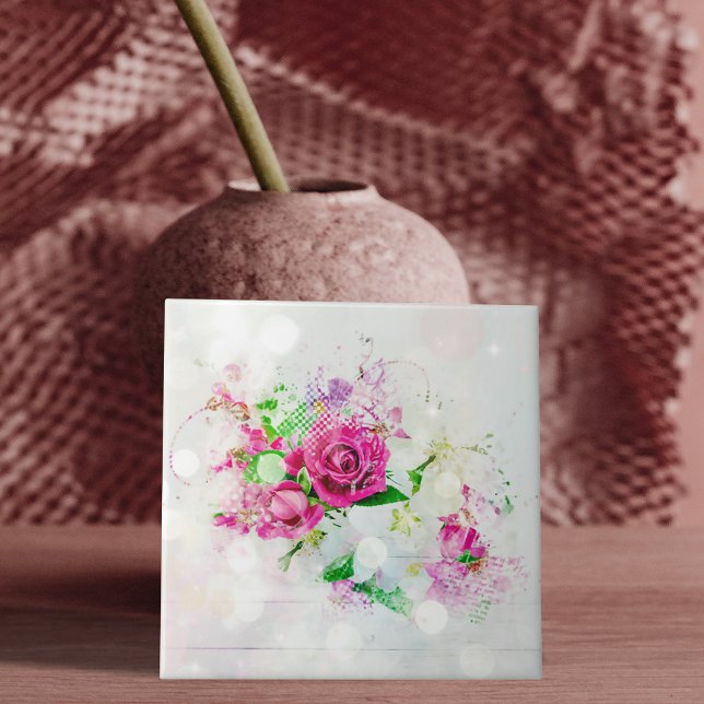 Romantic Pink Rose With Bokeh & Sparkles on White Tile (Creator Uploaded)