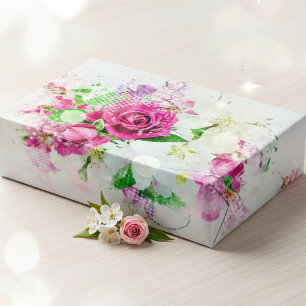 Romantic Pink Rose With Bokeh & Sparkles on White Wrapping Paper Sheet