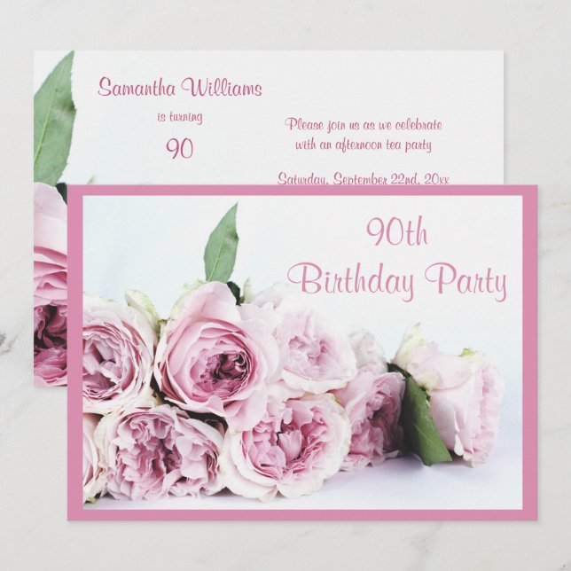 Romantic Pink Roses 90th Birthday Invitation (Front/Back)