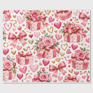 Romantic Pink Roses and Heart Gift Wrapping Paper