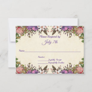 Romantic Pink Roses and Purple Petals Wedding RSVP Card