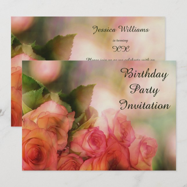 Romantic Pink Roses Bokeh  Birthday Invitation (Front/Back)