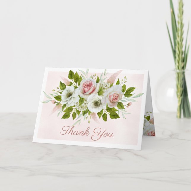 Romantic Pink Roses Bouquet Watercolor Thank You  Card (Front)