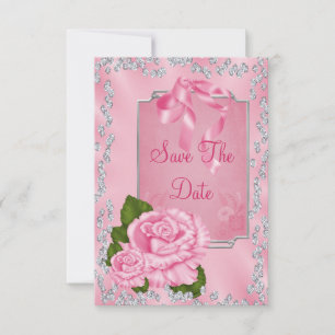 Romantic Pink Roses & Bows 25th Save The Date