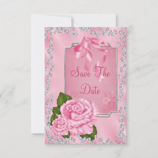 Romantic Pink Roses & Bows 25th Save The Date (Front)