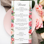 Romantic Pink Roses & Calligraphy Menu<br><div class="desc">Lovely columns of elegant watercolor blush pink roses and green foliage on a subtle pastel watercolor background and centre label with gold borders. Features "Menu" text graphic in custom script font (or delete and customise in the design editor) with editable text fields. Includes blocks of editable text fields for a...</div>