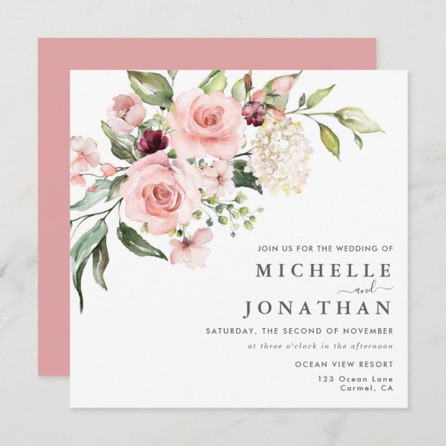 Romantic Pink Roses Dusty Rose Wedding  Invitation (Front/Back)