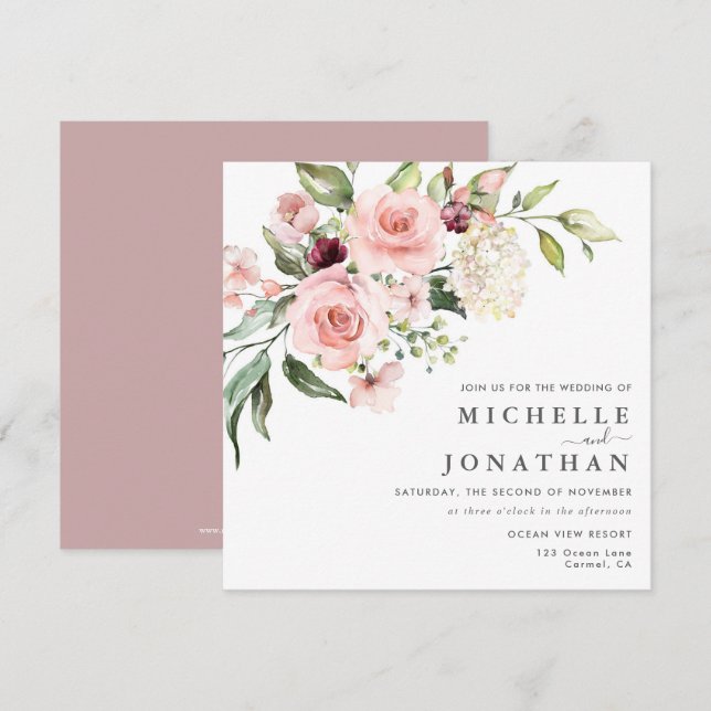 Romantic Pink Roses Dusty Rose Wedding  Invitation (Front/Back)
