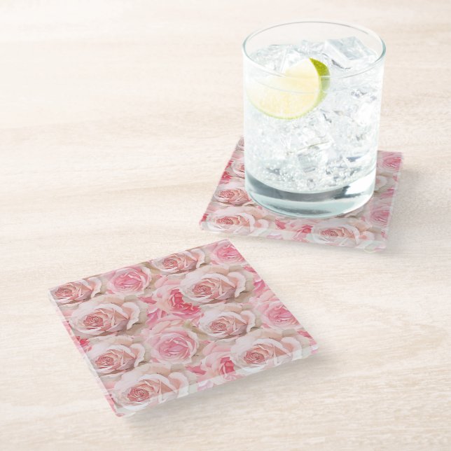 Romantic Pink Roses Floral Bridal Shower Glass Coaster (Angled)