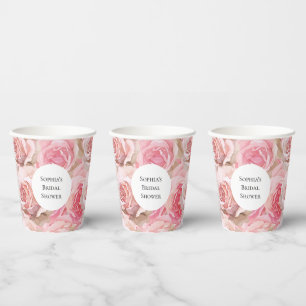 Romantic Pink Roses Floral Bridal Shower Paper Cups