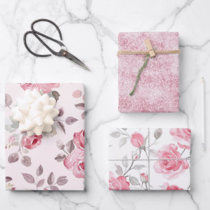 Romantic Pink Roses Floral Bridal Shower Wrapping Paper Sheet