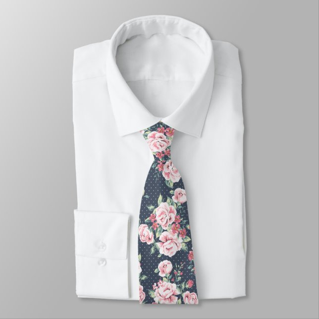 Romantic Pink Roses Floral Pattern Tie (Tied)