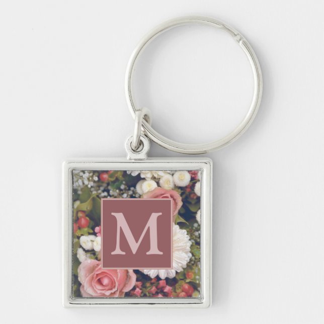 Romantic Pink Roses Flower Bouquet Monogram Key Ring (Front)