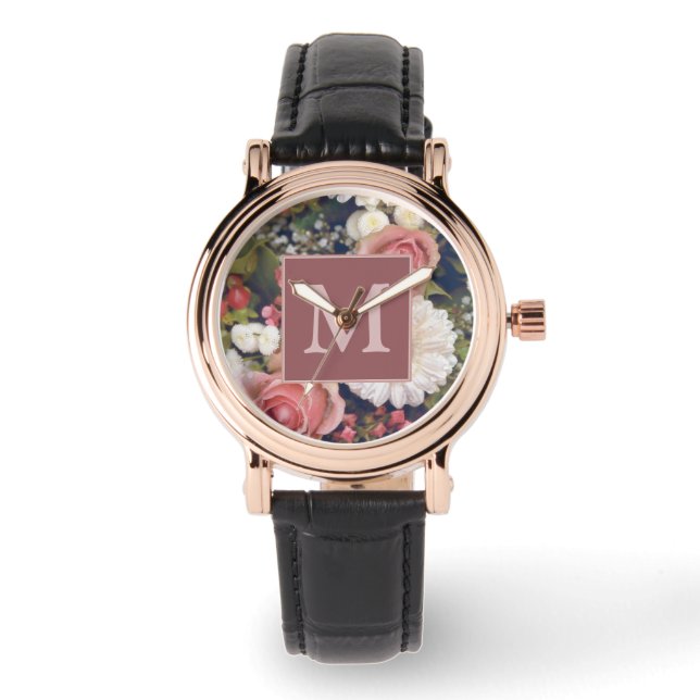 Romantic Pink Roses Flower Bouquet Monogram Watch (Front)