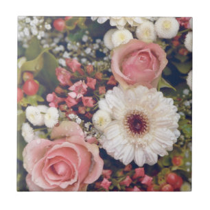 Romantic Pink Roses Flower Bouquet Tile