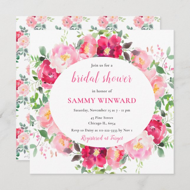 Romantic Pink Roses Flowers Bridal Shower Invitation (Front/Back)