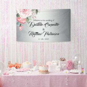 Romantic Pink Roses on Silver Wedding Welcome Banner