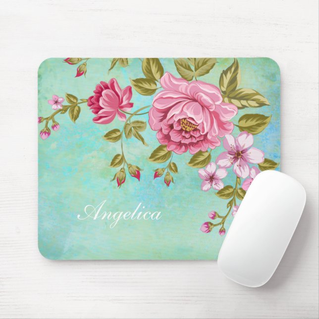 Romantic Pink Roses, Personalise your name Mouse Pad (With Mouse)