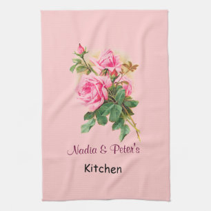 Romantic Pink Roses Personalised Tea Towel