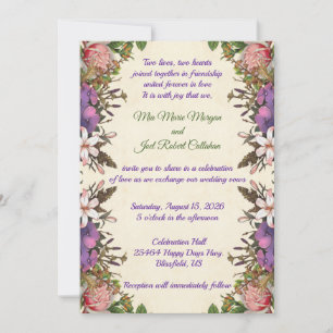 Romantic Pink Roses & Purple Petals Wedding Invite