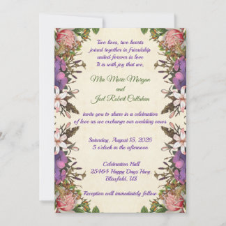 Romantic Pink Roses & Purple Petals Wedding Invite