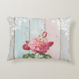 Romantic pink roses rustic background White lace Decorative Cushion