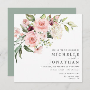 Romantic Pink Roses Sage Green Wedding  Invitation