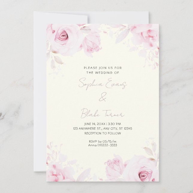 Romantic Pink Roses Summer Light Yellow Wedding Invitation (Front)