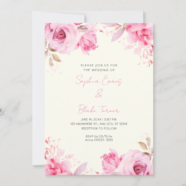 Romantic Pink Roses Summer Light Yellow Wedding Invitation (Front)