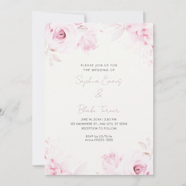 Romantic Pink Roses Summer Off White Wedding Invitation (Front)