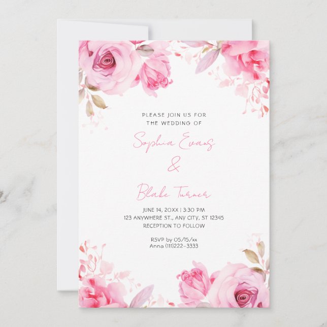 Romantic Pink Roses Summer White Wedding Invitation (Front)
