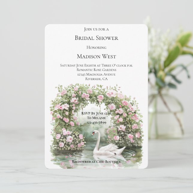 Romantic Pink Roses Swan Lake Floral Bridal Shower Invitation (Standing Front)