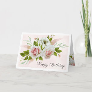 Romantic Pink Roses Watercolor Happy Birthday Card