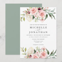Romantic Pink Roses Wedding Invitation Green