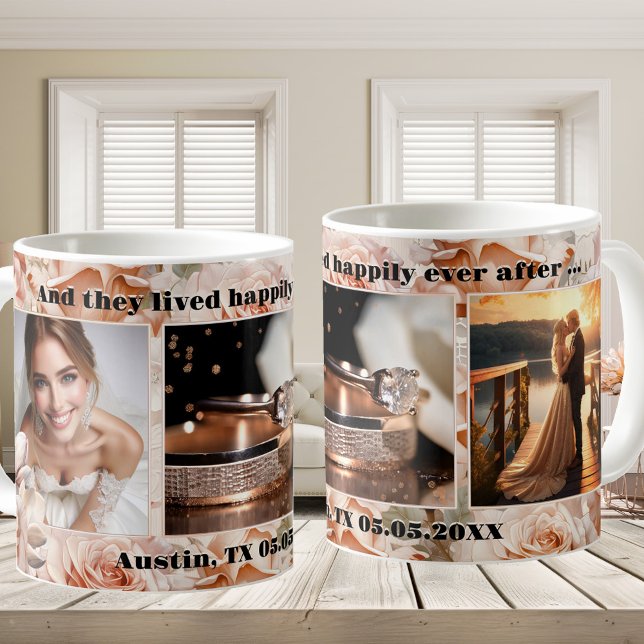 Romantic Pink Roses Wedding Photo Mug (Photo mug featuring your own wedding photos framed by a pink baroque floral design with roses)