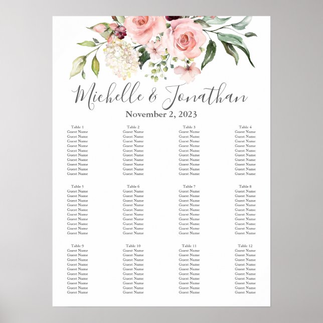 Romantic Pink Roses Wedding Seating Chart (Front)