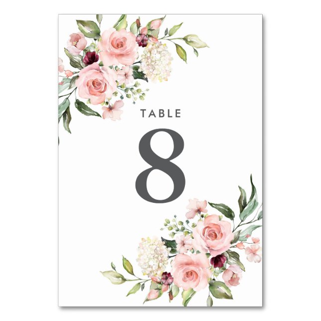Romantic Pink Roses Wedding Table Number (Front)